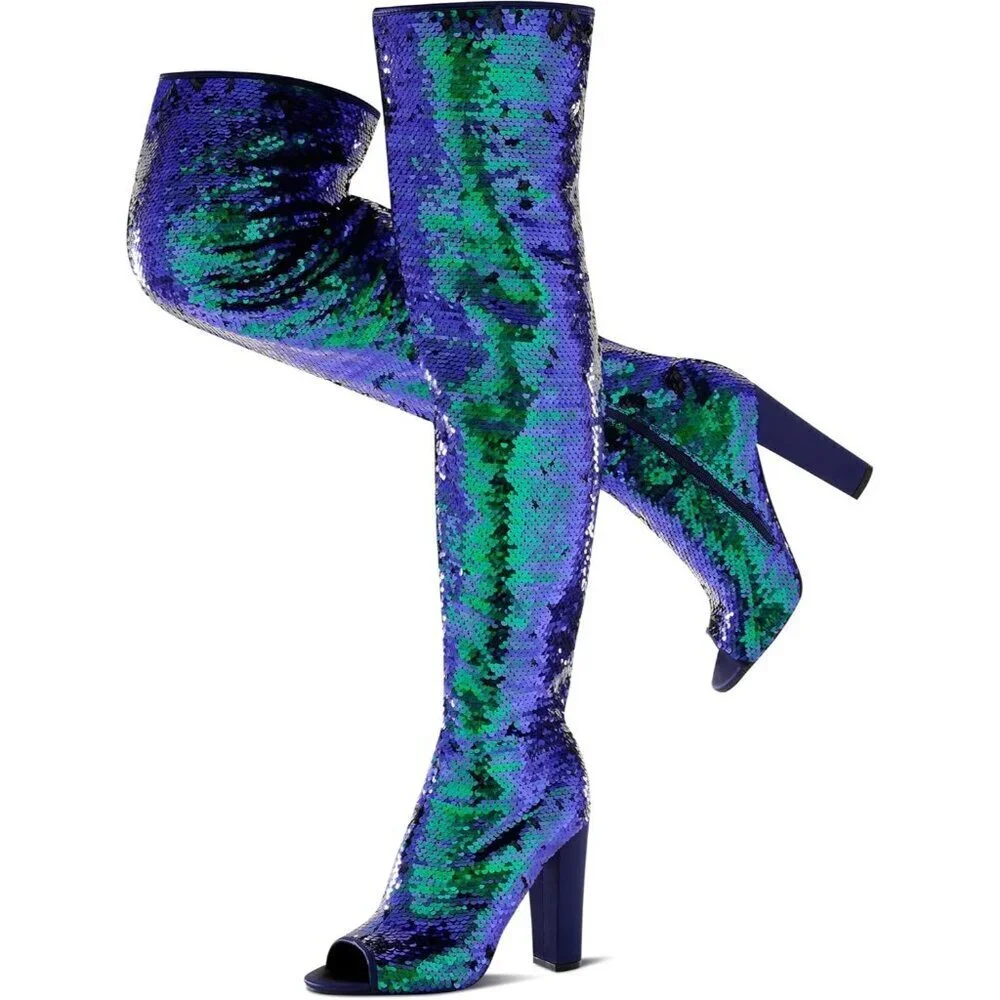 🆕Women Blue Sequin Over The Knee High Party Prom Open Toe Chunky High Heel Boot